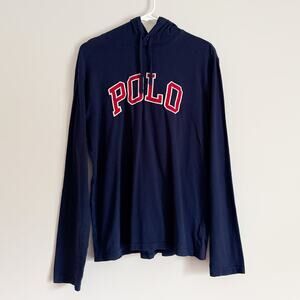 Polo Ralph Lauren Long Sleeve Hooded T-Shirt Navy Blue Spellout Logo Mens Medium